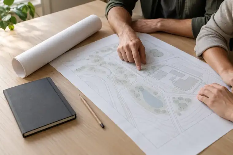 Konzeptvisualisierung einer Projektbesprechung mit Lageplan