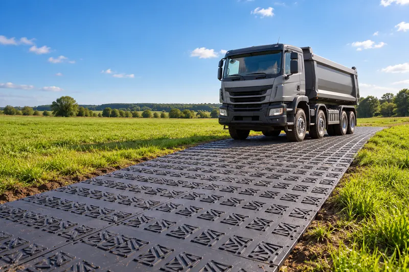 KI-generiertes Angebotsbeispiel: Lkw auf einer mobilen Baustraße aus Fahrplatten
