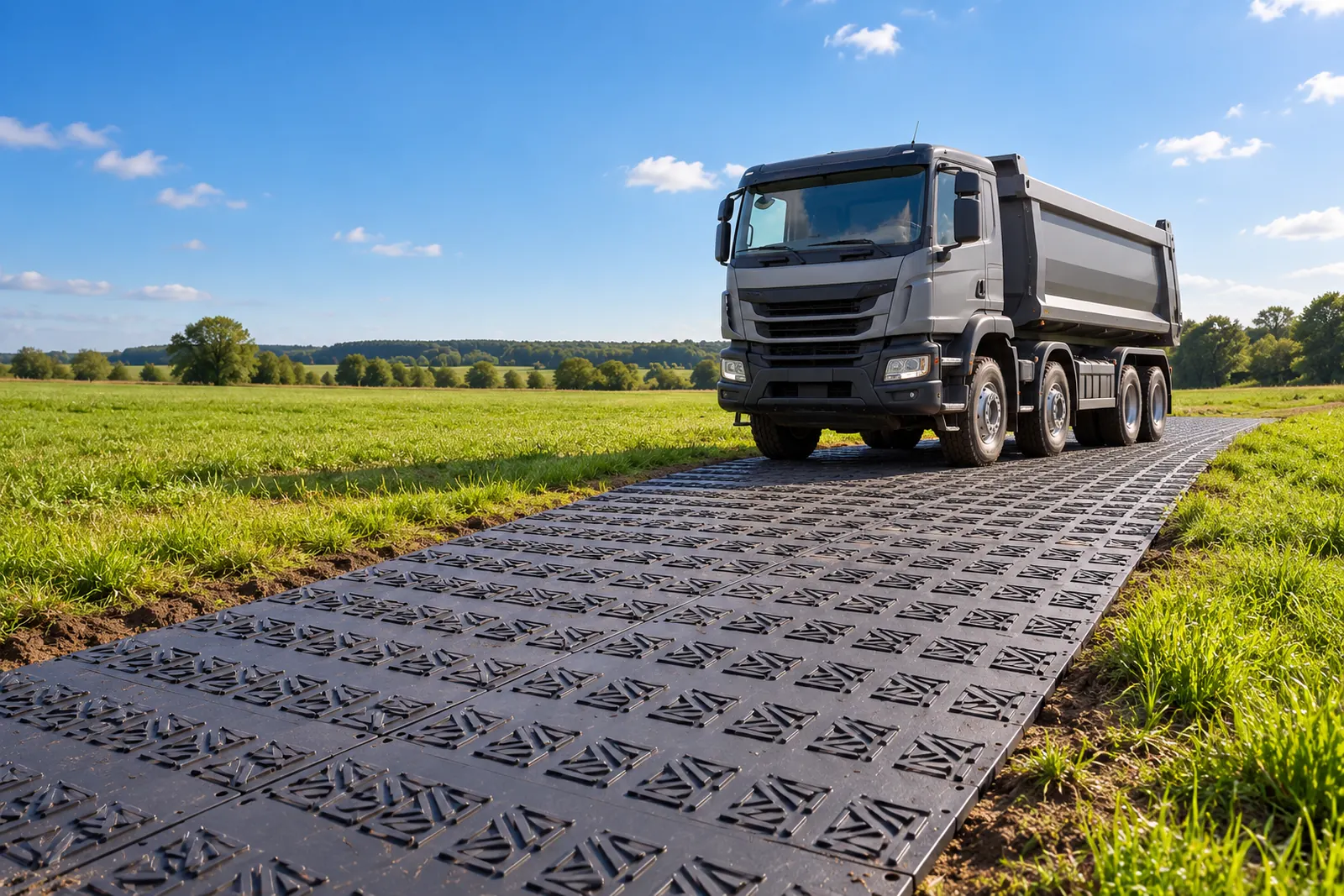 KI-generierte Visualisierung einer temporären Fahrplattenzufahrt mit Baustellenfahrzeug